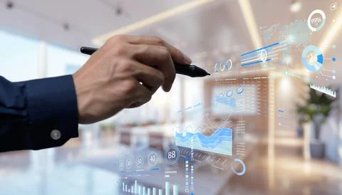 Hand Using Digital Pen to Interact with Innovative Data Dashboard in Modern.. Stock Photos