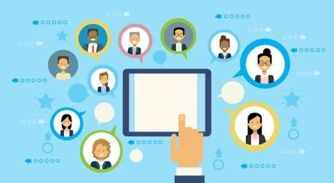 Hand Using Digital Tablet Computer Communicating With Business People Networking Stock Illustration