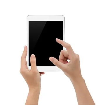 Hand using digital tablet on white background, mock-up tablet blank screen Stock Photos