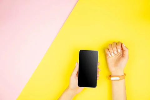 Hand using gadgets, device on top view, blank screen with copyspace, minimali Stock Photos