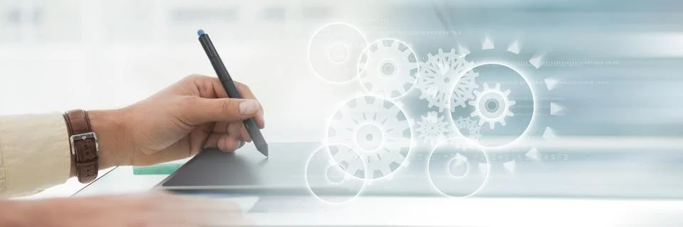 Hand using graphic tablet with graph overlays 写真素材