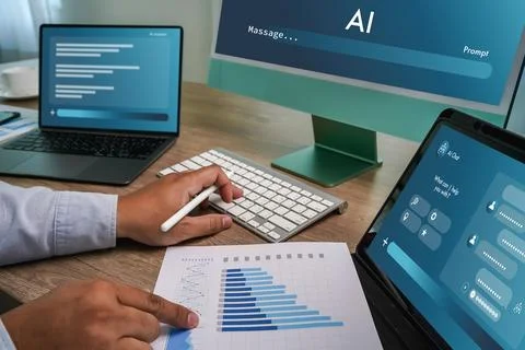 Hand using keyboard and tablet displaying AI interface with data chart docu.. Stockfoto's