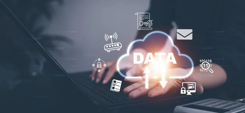 Hand using a laptop with Analytics and Data Management System on the computer Stock Photos