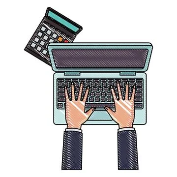 Hand using laptop and calculator scribble Illustrazione stock