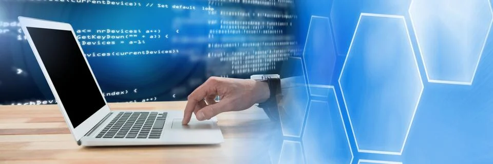 Hand using laptop and coding text with transition Stock Photos