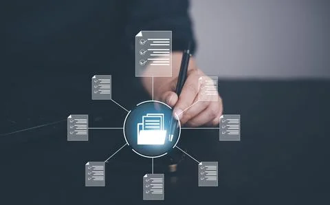 Hand using laptop and touch folder of document Management System, online docu 스톡 사진