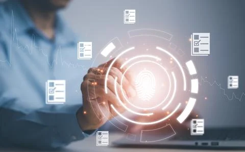 Hand using laptop and touch folder of document Management System, online docu Stock Photos