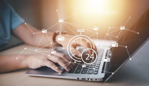 Hand using laptop and touch folder of document Management System, online docu Stock Photos