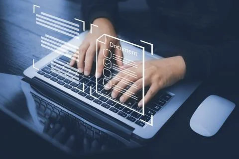 Hand using laptop and touch folder of document Management System, online docu 스톡 사진