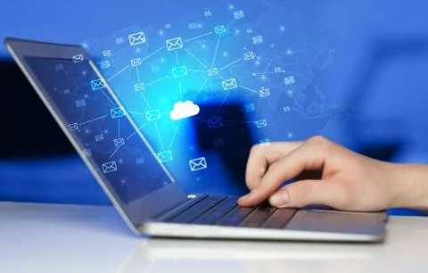 Hand using laptop with centralized cloud computing system concept 스톡 사진