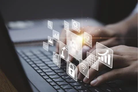 Hand using laptop computer keyboard to control artificial intelligence 스톡 사진