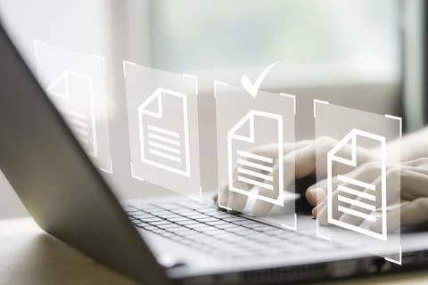 Hand using laptop computer with virtual screen and document for online appr.. 스톡 사진
