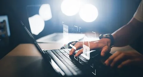 Hand using laptop with scan the protection system cyber security, Login, User Stock Photos