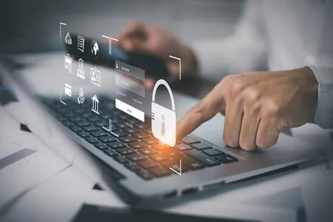 Hand using laptop with scan the protection system cyber security, Login, User Stock Photos