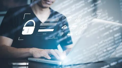 Hand using laptop with scan the protection system cyber security, Login, User Stock Photos