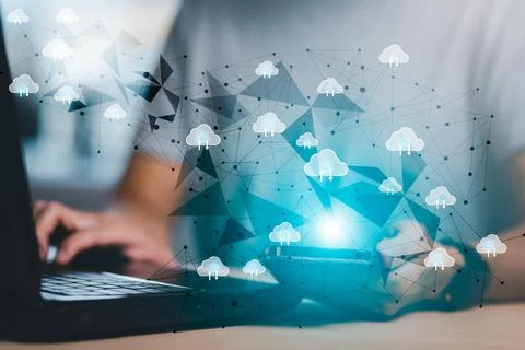 Hand using laptop with touch connect to data information on the Cloud Computi Stock Photos