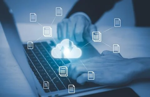 Hand using laptop with touch connect to data information on the Cloud Computi Stock Photos