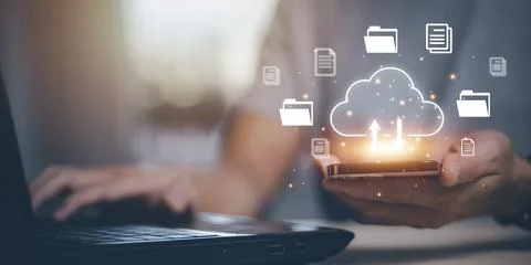 Hand using laptop with touch connect to data information on the Cloud Computi Stock Photos