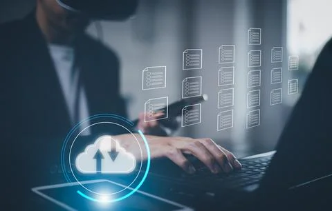 Hand using laptop with touch connect to data information on the Cloud Computi Stock Photos