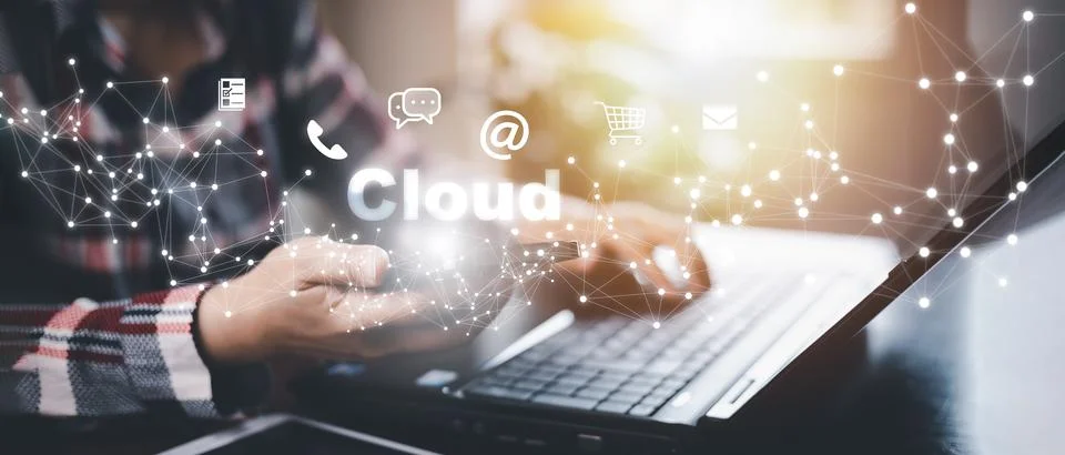 Hand using laptop with touch connect to data information on the Cloud Computi Stock Photos