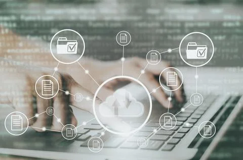 Hand using laptop with touch connect to data information on the Cloud Computi Stock Photos