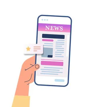 Hand using mobile app for online reading news newspaper or magazine on Stock Illustration