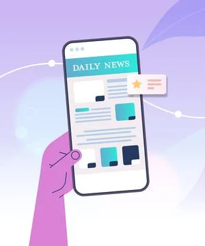 Hand using mobile app for online reading news newspaper or magazine on Stock Illustration