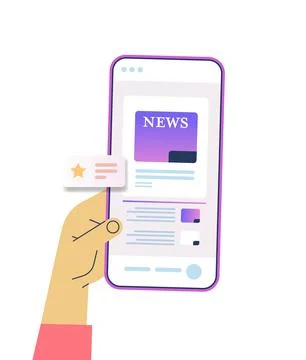 Hand using mobile app for online reading news newspaper or magazine on Illustrazione stock
