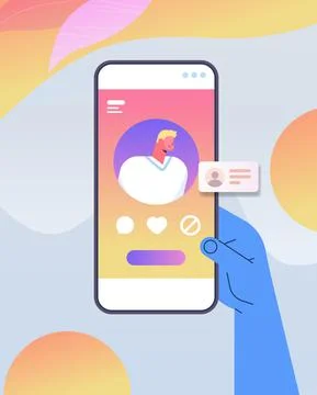 Hand using mobile app for online dating with male profile on smartphone screen Stock Illustration