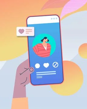 Hand using mobile app for online dating with female profile on smartphone screen Stock Illustration
