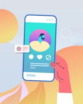 Hand using mobile app for online dating with male profile on smartphone screen Stock Illustration