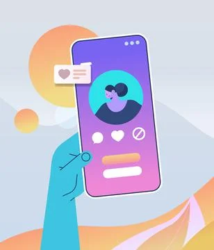 Hand using mobile app for online dating with female profile on smartphone screen Stock Illustration