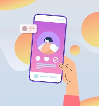 Hand using mobile app for online dating with female profile on smartphone screen Stock Illustration