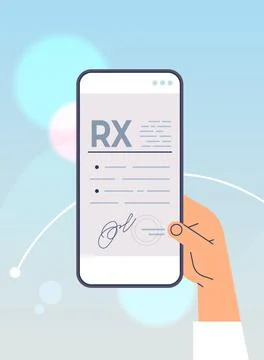 Hand using mobile app with rx medical prescription on smartphone screen online Stock Illustration