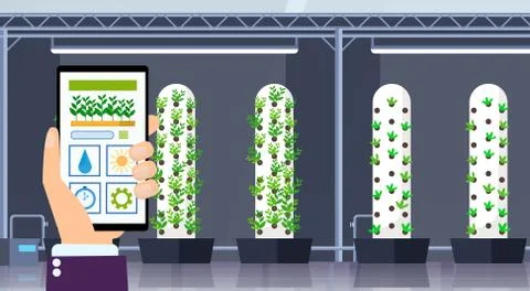 Hand using mobile app smart control farming system agriculture concept 스톡 일러스트