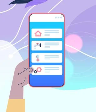 Hand using mobile app for smart house system control on smartphone screen Stock Illustration