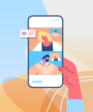Hand using mobile app for virtual conference meeting friends discussing during Stock Illustration