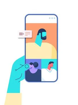 Hand using mobile app for virtual conference meeting friends discussing during Illustrazione stock