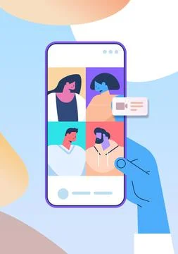 Hand using mobile app for virtual conference meeting friends discussing during Stock Illustration