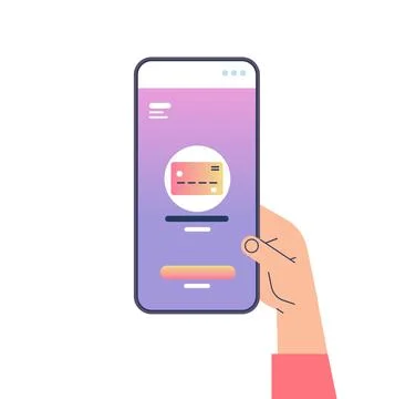 Hand using mobile banking app with credit card on smartphone screen online shop Illustrazione stock