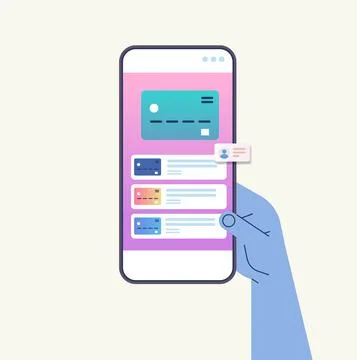 Hand using mobile banking app with credit card on smartphone screen online shop Stock Illustration