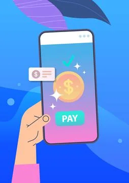 Hand using mobile banking app on smartphone screen online payment electronic Stock Illustration