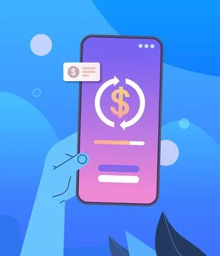 Hand using mobile banking app on smartphone screen online payment electronic Stock Illustration