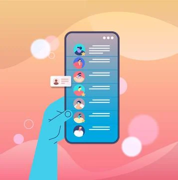 Hand using mobile chatting app on smartphone screen online communication talking Stock Illustration