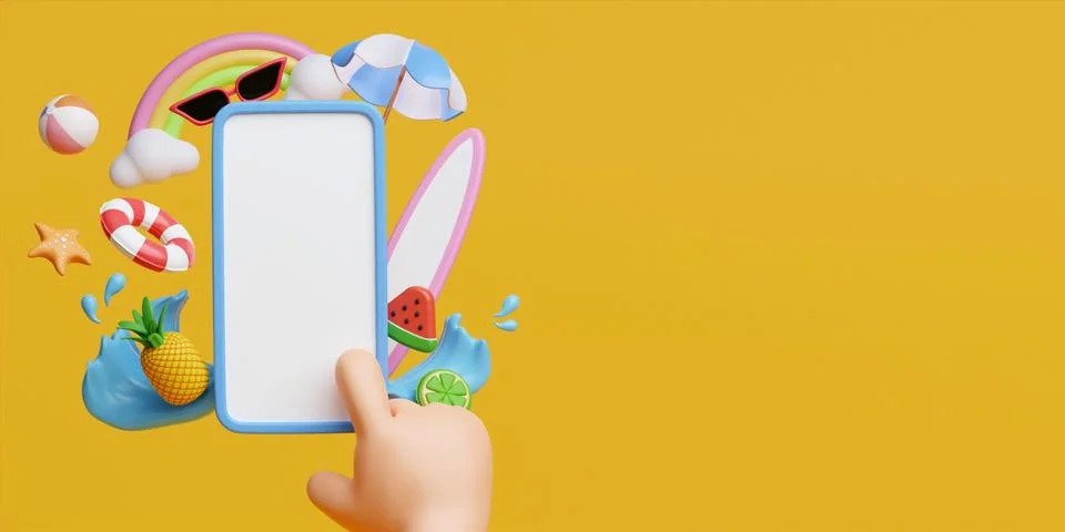 Hand using mobile phone with summer accessories on yellow background. concept of Stock Illustration