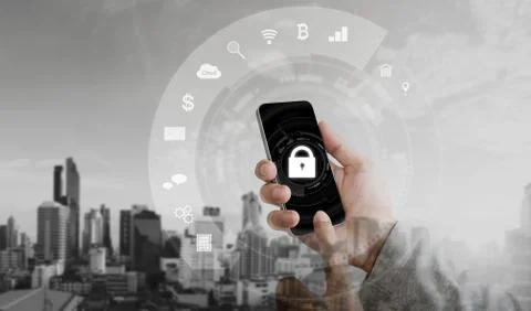 Hand using mobile smart phone with lock and application icons Stock Photos