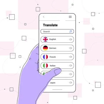Hand using mobile translation application multilingual greeting international Stock Illustration