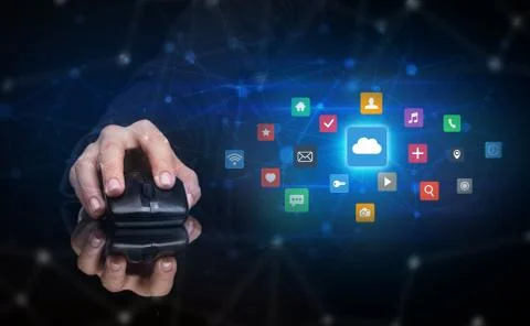 Hand using mouse with cloud technology and online storage concept Stock Photos
