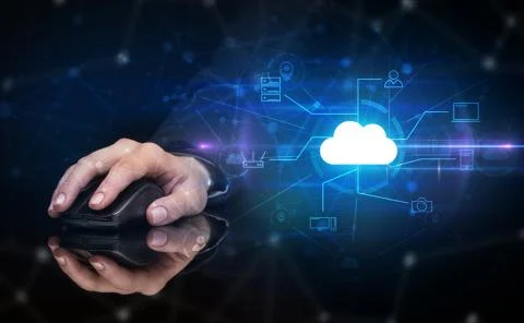 Hand using mouse with cloud technology and online storage concept Stock Photos