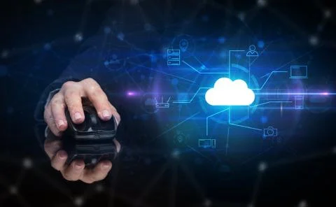 Hand using mouse with cloud technology and online storage concept Stock Photos